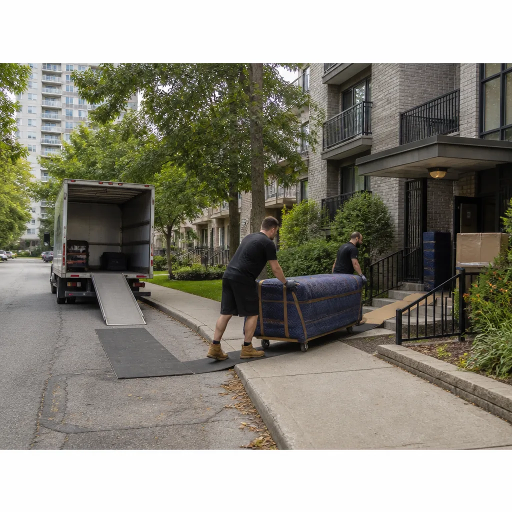 Movers wheeling a protected sofa along a clear apartment loading route in Ottawa
