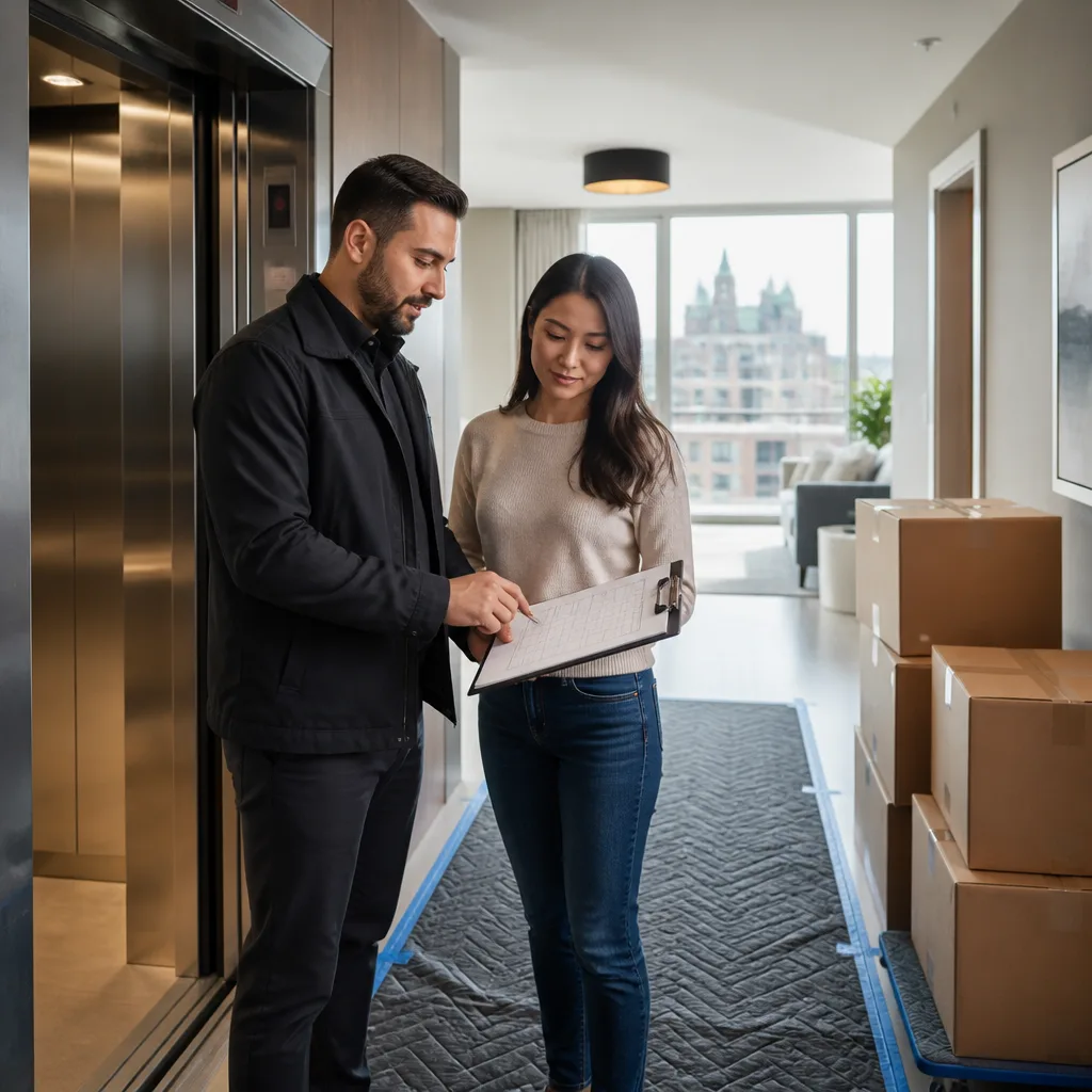 Resident and building representative reviewing a condo elevator reservation plan