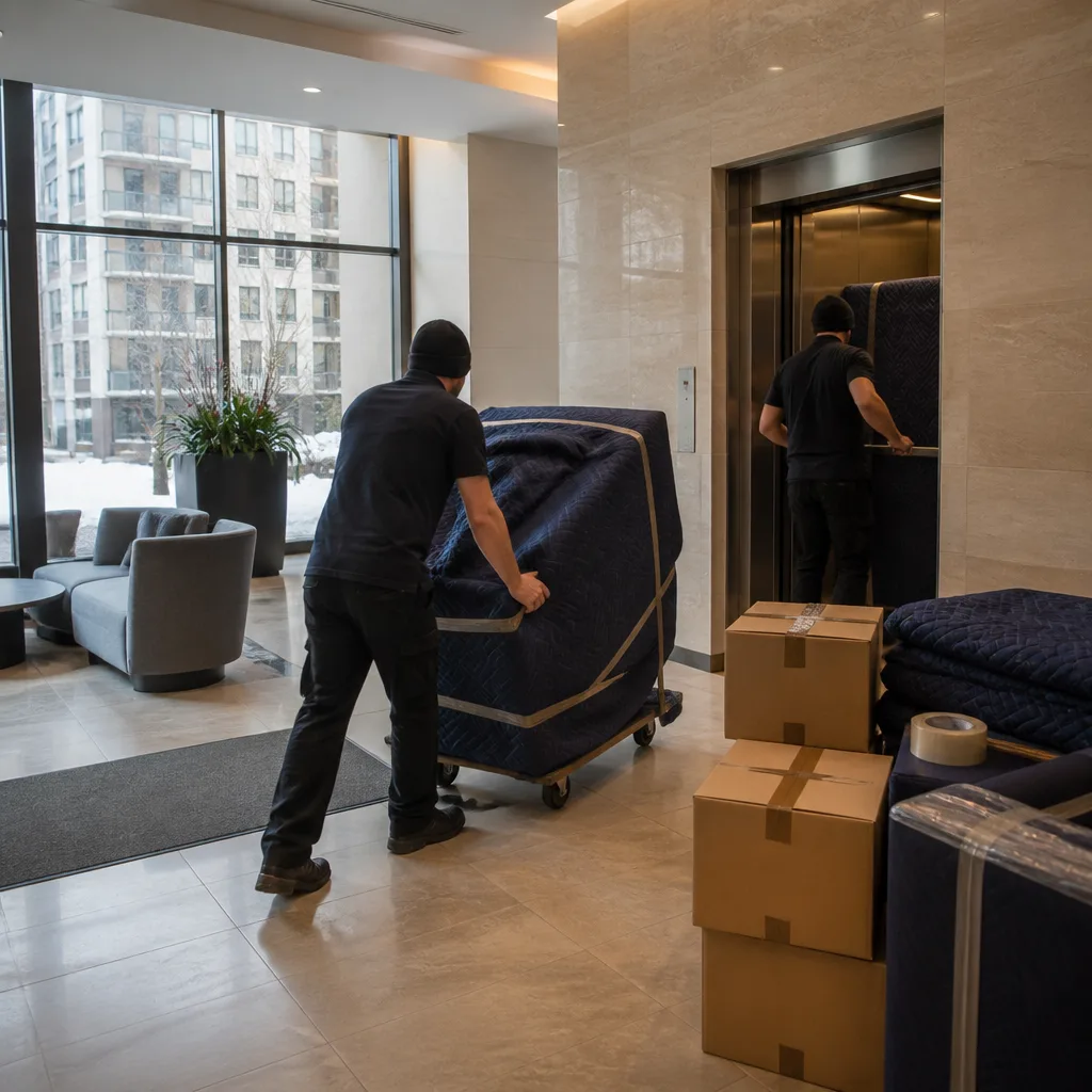 Movers preparing a protected sofa for an Ottawa condominium move