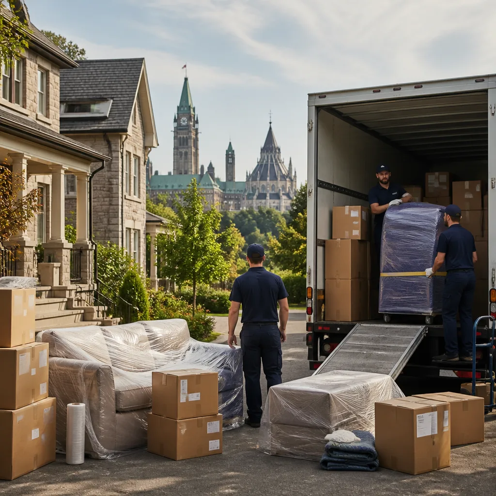 Wrapped furniture and organized cartons prepared for a cross-country household move