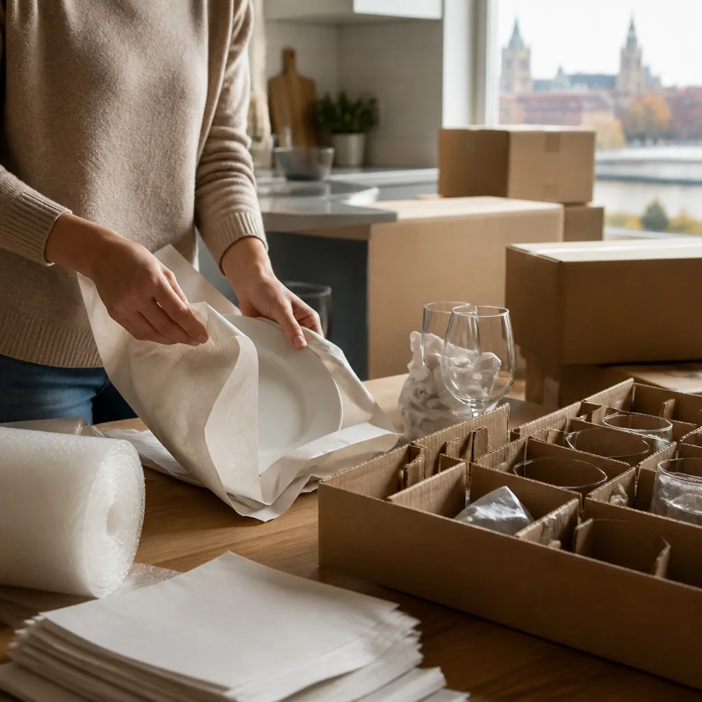 Kitchen dishes wrapped individually and arranged in a protective carton