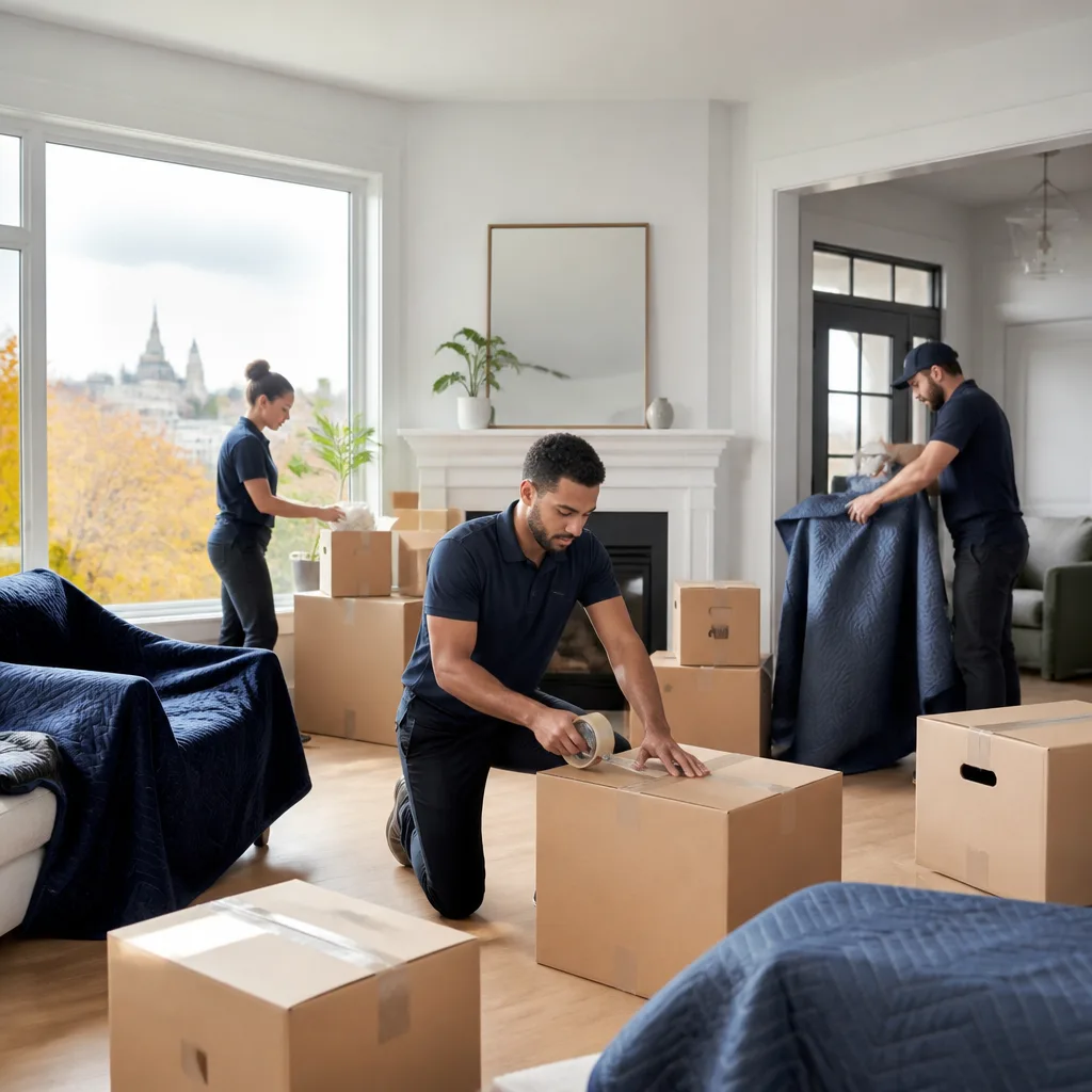 Professional movers carefully packing a bright Ottawa home
